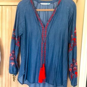 Embroidery detail chambray top